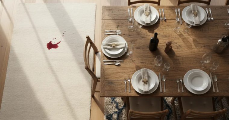 Alfombra de pelo bajo en un comedor con una mancha de vino en la superficie durante una cena