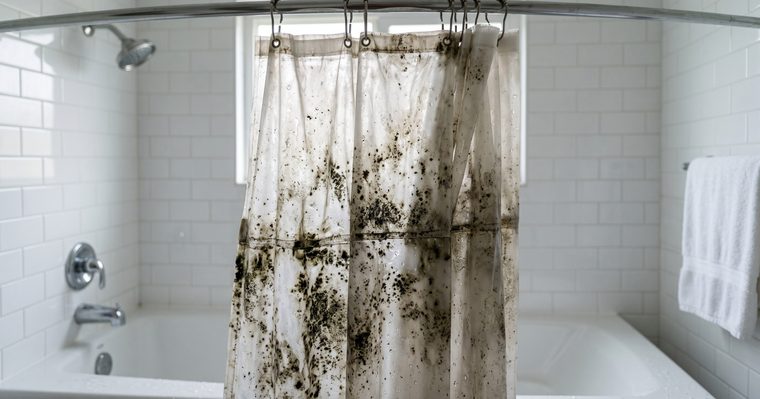 Cortina de baño con puntos de moho en el borde inferior