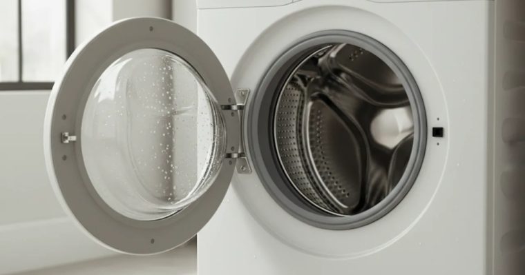 Lavadora con la puerta abierta mostrando el tambor y la goma limpios