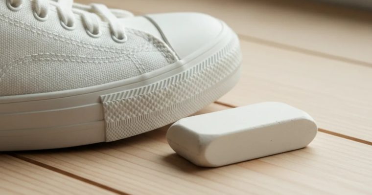 Zapatilla de tela blanca junto a una goma de borrar blanca sobre una mesa de madera