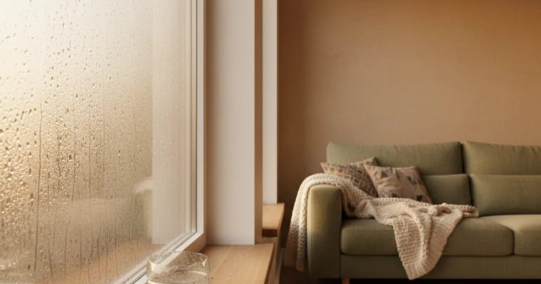 Ventana con condensación y recipiente antihumedad casero junto a un sofá separado de la pared