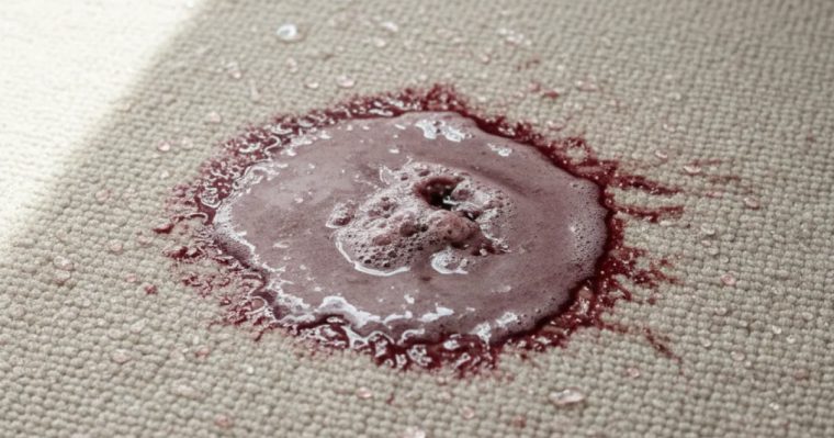 Mancha de vino tinto en una moqueta clara tras intentar limpiarla