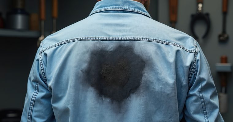 Mancha de grasa oscura sobre la espalda de una camisa vaquera