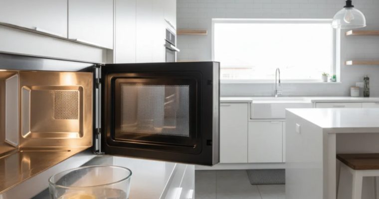 Interior de un microondas limpio junto a un paño en una cocina