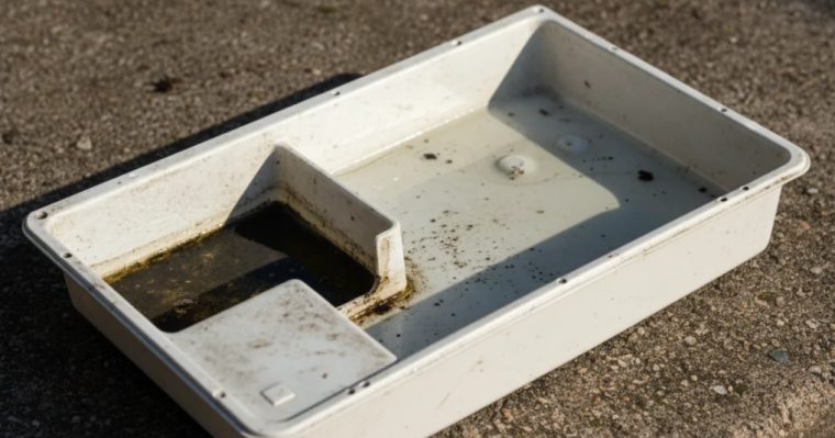 Bandeja interna de un aire acondicionado de ventana con restos de agua estancada y moho en una esquina