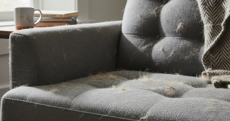 Pelo de mascota acumulado sobre la tela de un cojín de sofá