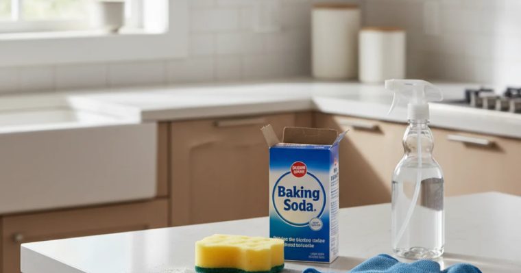 Bote de bicarbonato de sodio junto a esponja y paño de limpieza sobre una encimera de cocina