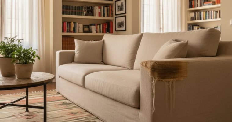 Salón ordenado con un sofá de tela que muestra una zona desgastada por el uso junto a una alfombra y una ventana con cortinas